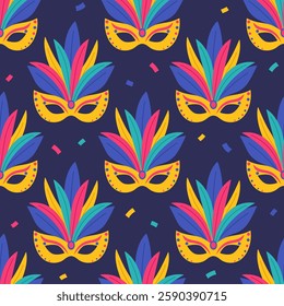 Seamless pattern with yellow carnival masks with feathers on blue background. Masquerade accessory. Masque for Brazil or Venetian carnival. Vector flat illustration for wallpaper, textile, packaging