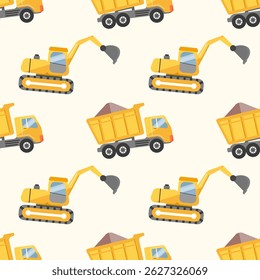 Seamless pattern of yellow cartoon excavators and loaded dump trucks on a light background.