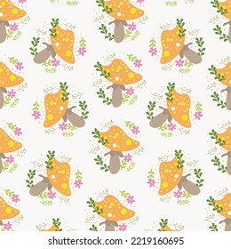 Seamless pattern with yellow cartoon mushroom