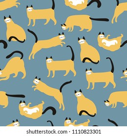 Seamless pattern with yellow cats in different poses. Cute vector background with pet. Can used in fabric, textile, cover, wrapping, wallpaper.