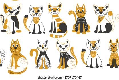 Patrón sin foco con gatos amarillos. Vector Fondo para tela, textil, papel pintado, afiches, papel de envoltura de regalo, servilletas, manteles, pijamas. Impresión para niños, bebés, niños