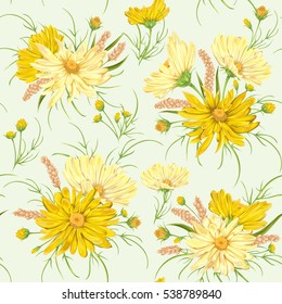 Seamless pattern with yellow chamomile flowers and millet. Rustic floral design for wedding invitations and birthday cards. Vintage vector botanical illustration in watercolor style.