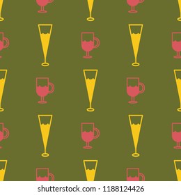 Seamless pattern with yellow champagne glasses and pink glasses for coffee and cocktails on a green background.