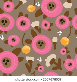 Seamless pattern with yellow cherries and pink flowers. Flowers illustration for print, fabric, clothes, wrapping paper