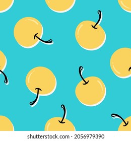 Seamless pattern of yellow cherry fruit on turquoise background. Colorful summer background texture vector illustration.