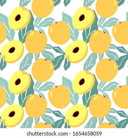 Seamless pattern with yellow cherry plum and leaves. Prunus cerasifera, alycha on a white background. Flat design.