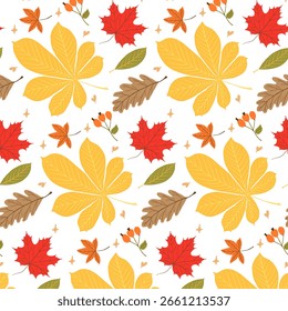 Seamless pattern with yellow chestnut leaves, red maple leaves, brown oak leaves, green foliage, and berries on white background. Perfect for autumn designs, fabric, and wrapping paper.