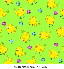 Seamless pattern of yellow chicken and  flowers