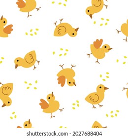 Patrón sin foco con pollos amarillos y grano sobre fondo blanco. Imprimir, papel pintado, textil, fondo. Ilustración plana vectorial.