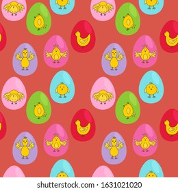 
Seamless pattern with yellow chickens on bright eggs on a red background. Stock vector illustration for decoration and design, packaging, wallpaper, fabrics, postcards, web pages, wrapping paper