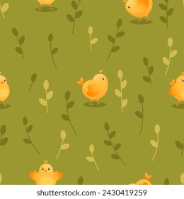 Patrón sin costuras con pollos amarillos en un prado verde. Granja de aves pequeñas domésticas. Vector patrón, fondo con pollos y follaje. Adecuado para el diseño de envases, textiles
