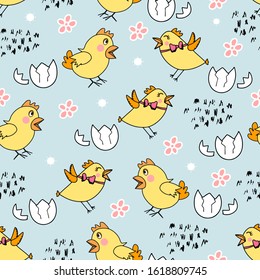 Seamless pattern with yellow chick's, flowers. Happy Easter template. Pastel child print on fabric, textile, wallpaper. Vector cartoon illustration. Blue spring Easter holiday background. Shell eggs.
