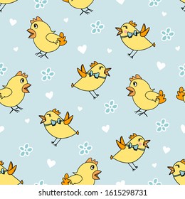 Seamless pattern with yellow chick's, flowers.Happy Valentine's Day template. Pastel child print on fabric, textile, wallpaper. Vector cartoon illustration. Blue spring Easter holiday background.
