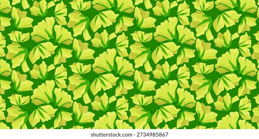 Seamless pattern yellow choy sum flowers with tender green stems from Asian cabbage. Edible blossoms used in Chinese cuisine, healthy cooking, plantbased food concepts, botanical themed projects.