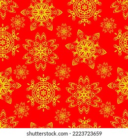 Patrón sin foco con christmas amarillos de nieve sobre fondo rojo. Diseño de moda, tela, textil, papel de embalaje.