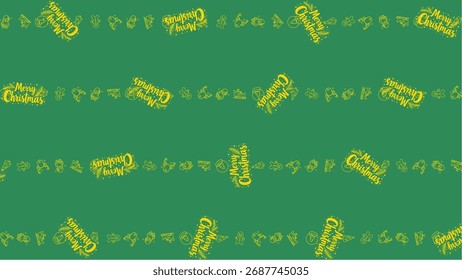Seamless pattern with yellow christmas text and snowflakes on green