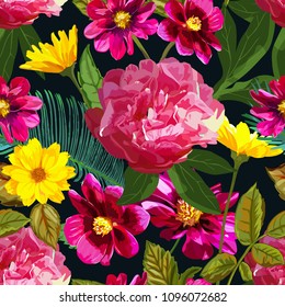 Seamless pattern with yellow chrysanthemums and red peonies flowers. Vector floral set with isolated herbaceous colorful showy plants. 