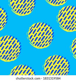 Nahtloses Muster mit gelben Kreisen auf blauem Hintergrund. Vektordesign für Textilien, Hintergründe, Kleidung, Verpackungspapier, Webseiten und Tapeten. Modegrafik nahtloses Muster.
