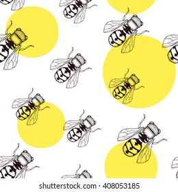 Seamless pattern with yellow circles and wasp on the white background. Doodle, hand drawn, vector
