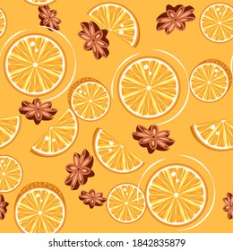 Patrón sin foco de rodajas de cítricos amarillos y estrellas de anís marrón sobre fondo amarillo.