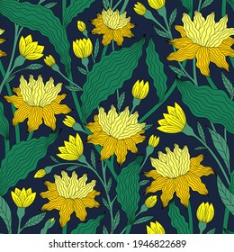 SEAMLESS PATTERN WITH YELLOW COLORS ON A BLUE BACKGROUND IN VECTOR