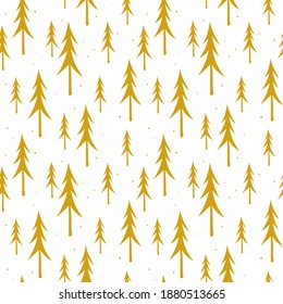 Patrón sin foco con amarillo de árboles de coníferas de fondo blanco. Ilustración vectorial con abetos dibujados a mano. Diseño para imprimir tarjeta de saludo, papel, tela, envoltura de regalo