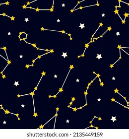 Seamless pattern with yellow constellations and stars on dark blue background. Vector illustration. Night sky, universe, space. Galaxy background. Cosmos texture for paper, wrapping and fabric.