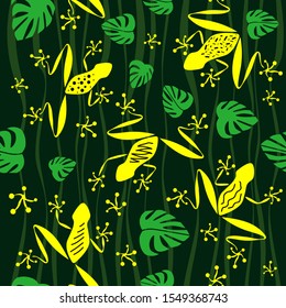 Seamless pattern. Yellow contour frogs and green leaves and waves on dark green backround. Vector graphic illustration.