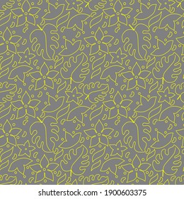 Elementos De Planta De Contorno Amarillo De Patrón Sin Margen En Fondo Gris En Ilustración De Vector De Estilo Lineal