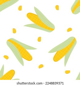 Seamless pattern with yellow corn and corn grains on a white background. Square composition. Vector background.