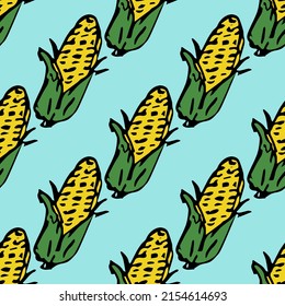 Patrón sin brillo con iconos de maíz amarillo. Fondo de maíz coloreado. Ilustración vectorial de perro con verduras