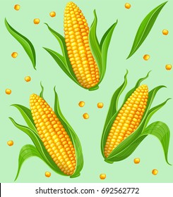 Seamless pattern with yellow corncobs and green leaves. Ripe corn vegetables. Vector illustration.