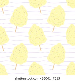 Seamless pattern with yellow cotton candy on white striped background. For textiles, packaging, wallpapers, postcards or covers.