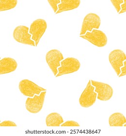 Seamless pattern with yellow crayon broken hearts on white background

