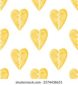 Seamless pattern with yellow crayon broken hearts on white background

