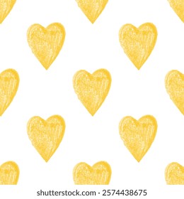 Seamless pattern with yellow crayon hearts on white background in doodle style

