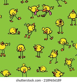 Seamless pattern of yellow crazy chickens with humor and emotions