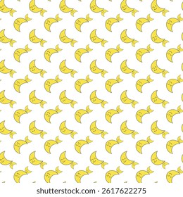 Seamless Pattern of Yellow Crescents with Smiling Faces on White Background