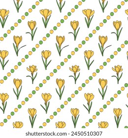 Seamless pattern with yellow crocus flowers, saffron. Vector background.