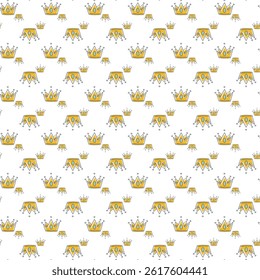 Seamless Pattern of Yellow Crowns on a White Background with Abstract Dots
