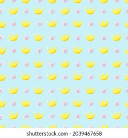 Seamless pattern with yellow crowns and pink sweets in cartoon style on a blue background.