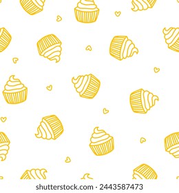Seamless pattern with yellow cupcakes and hearts
