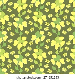 Seamless pattern with yellow curly flowers on green background. 