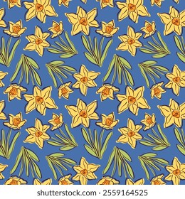 Seamless pattern with yellow daffodil flower and green leaves in flat style. Spring floral design on blue background.