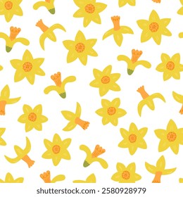 Seamless pattern with yellow daffodil flower buds. Floral vector flat background in naive style