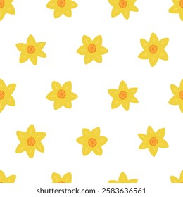 Seamless pattern with yellow daffodil flower buds. Floral vector flat background in naive style