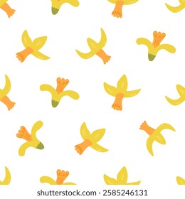 Seamless pattern with yellow daffodil flower buds. Floral vector flat background in naive style