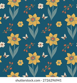 Padrão contínuo com narcisos amarelos, borboletas e flores de primavera. Fundo escuro de primavera botânico com textura