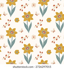 Nahtloses Muster mit gelben Narzissen, Schmetterlingen und Frühlingsblumen. Botanischer floraler Frühlingshintergrund mit Textur