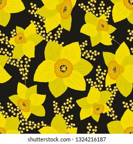 Seamless pattern with yellow daffodils and mimosa on a black background. Floral background. Vector illustration.